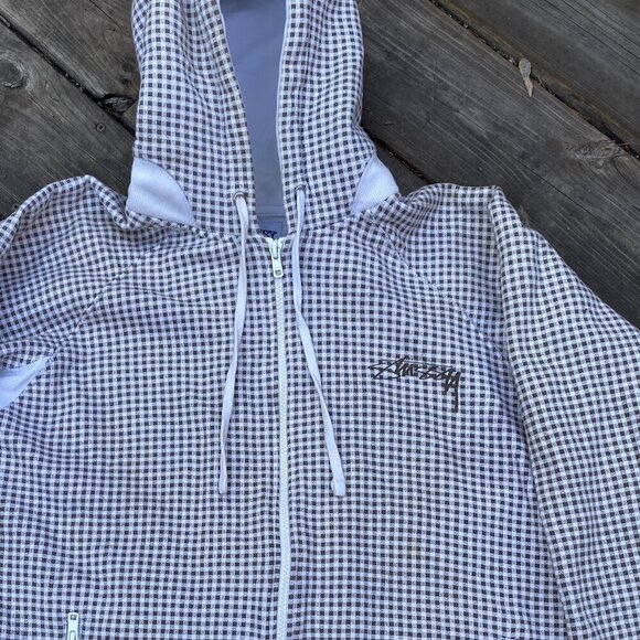 Vintage Stussy Plaid Hoodie Sweatshirt Medium Monogram White - Picture 3 of 12